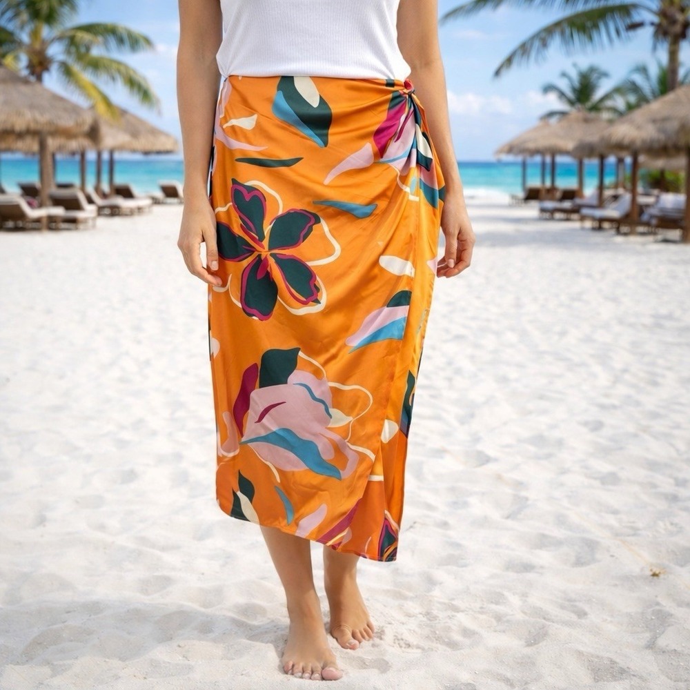 NEW Sigrid Olsen Orange Floral Satin Midi Skirt Vacation Resort Tropical S